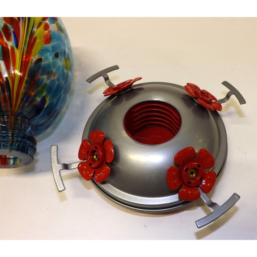 Muse Garden Hand-Blown Glass Hummingbird Feeder Multicolor Red Flower Ports - Picture 8 of 11